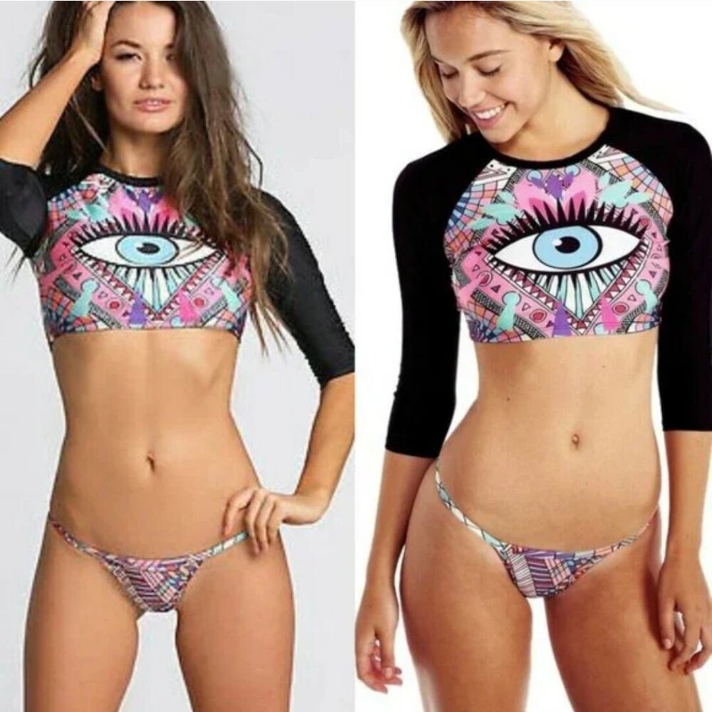 Wildfox Third Eye Tile Rash Guard & Bikini 3 Piece Set